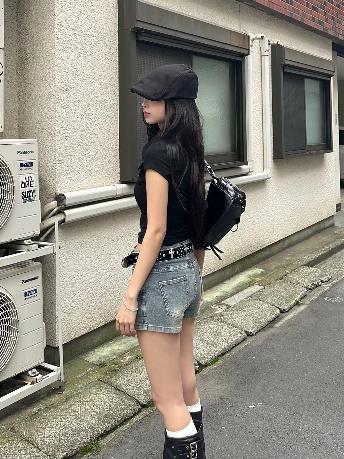 ダブルウエストデニムミニスカパン