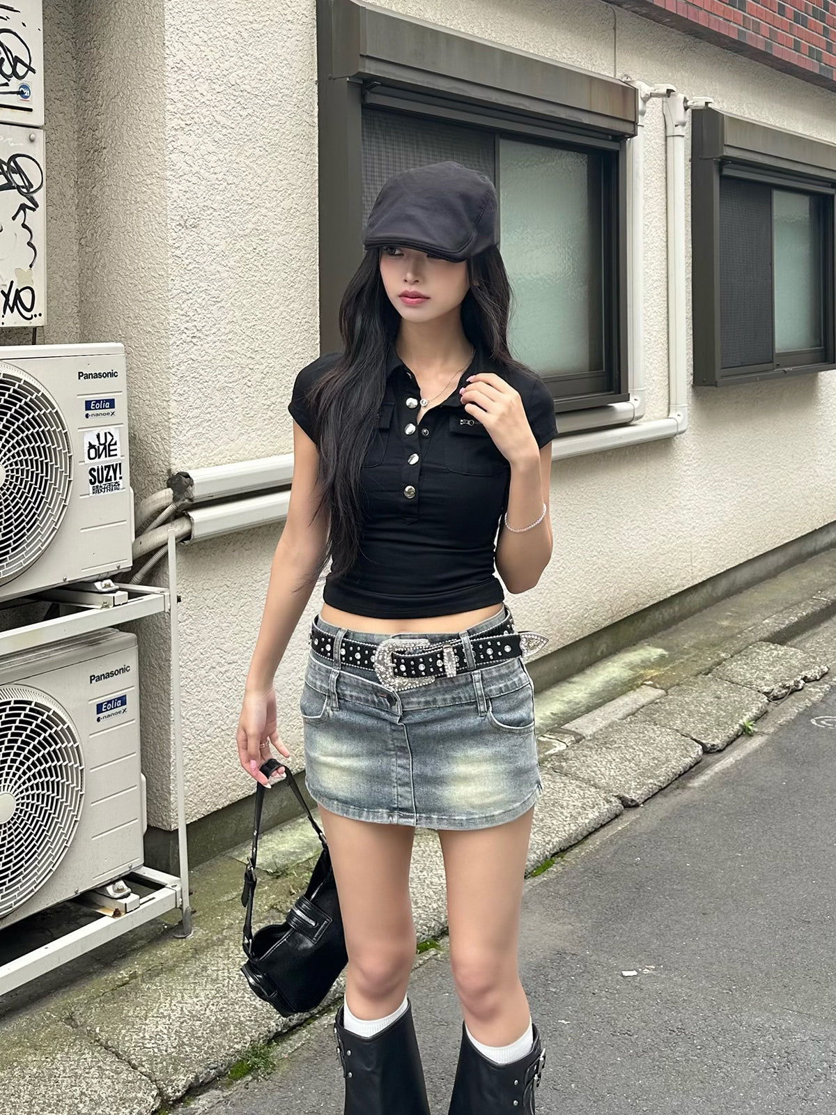 ダブルウエストデニムミニスカパン