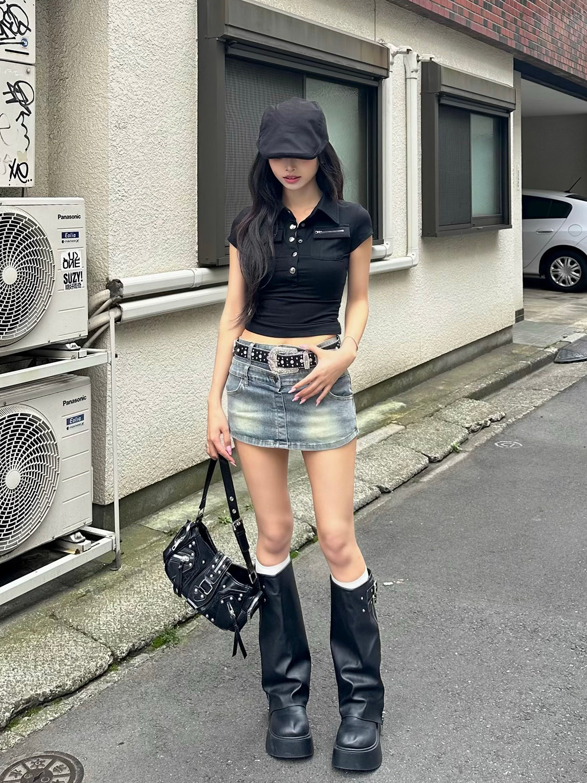 ダブルウエストデニムミニスカパン