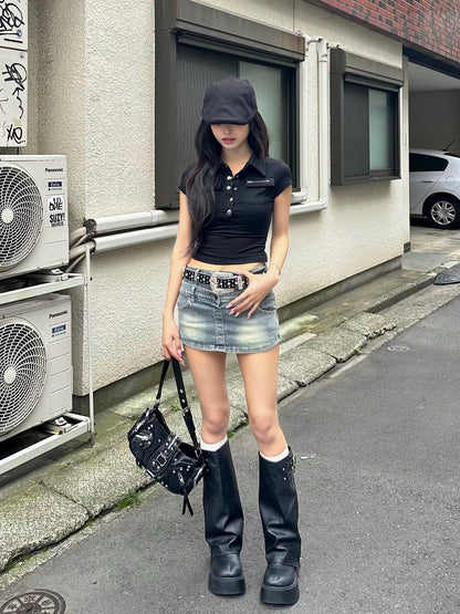 ダブルウエストデニムミニスカパン
