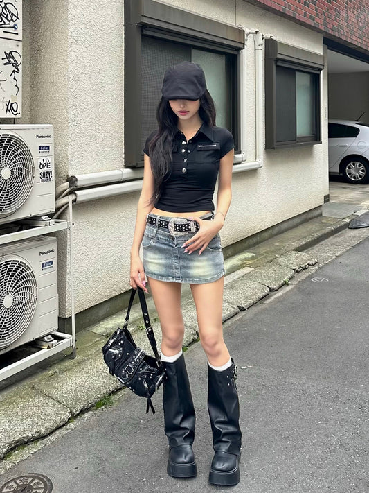 ダブルウエストデニムミニスカパン