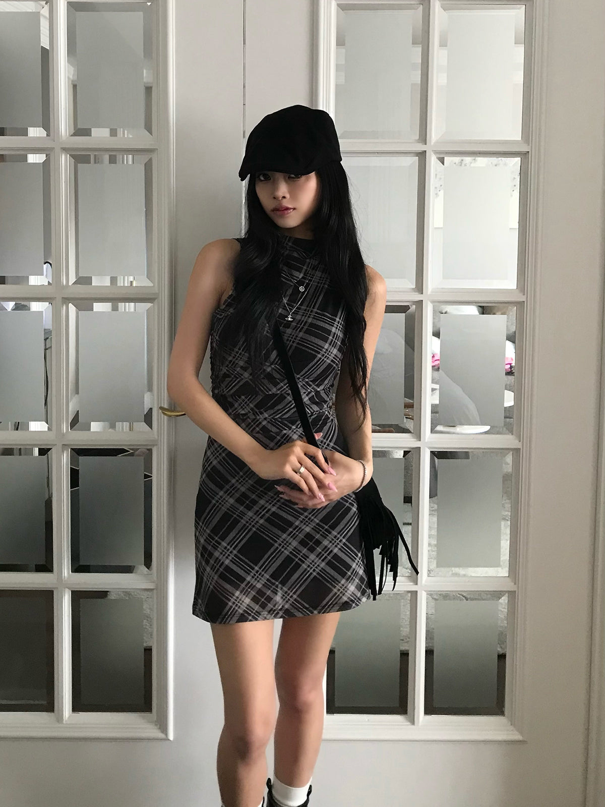 無袖格紋緊身迷你連衣裙
