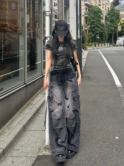 ダメージブラックレースセットデニムパンツ