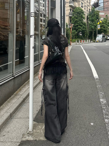 ダメージブラックレースセットデニムパンツ