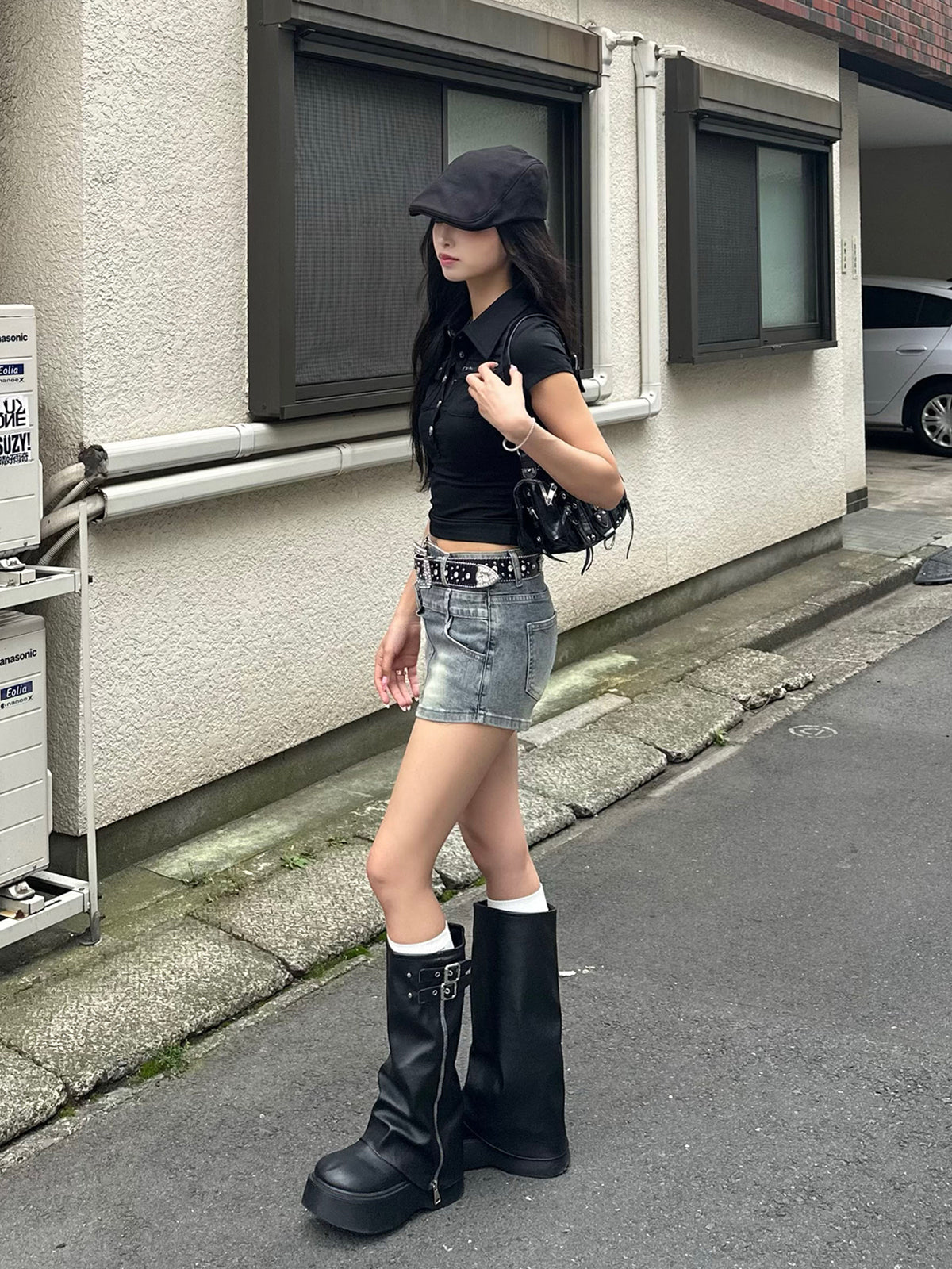 ダブルウエストデニムミニスカパン