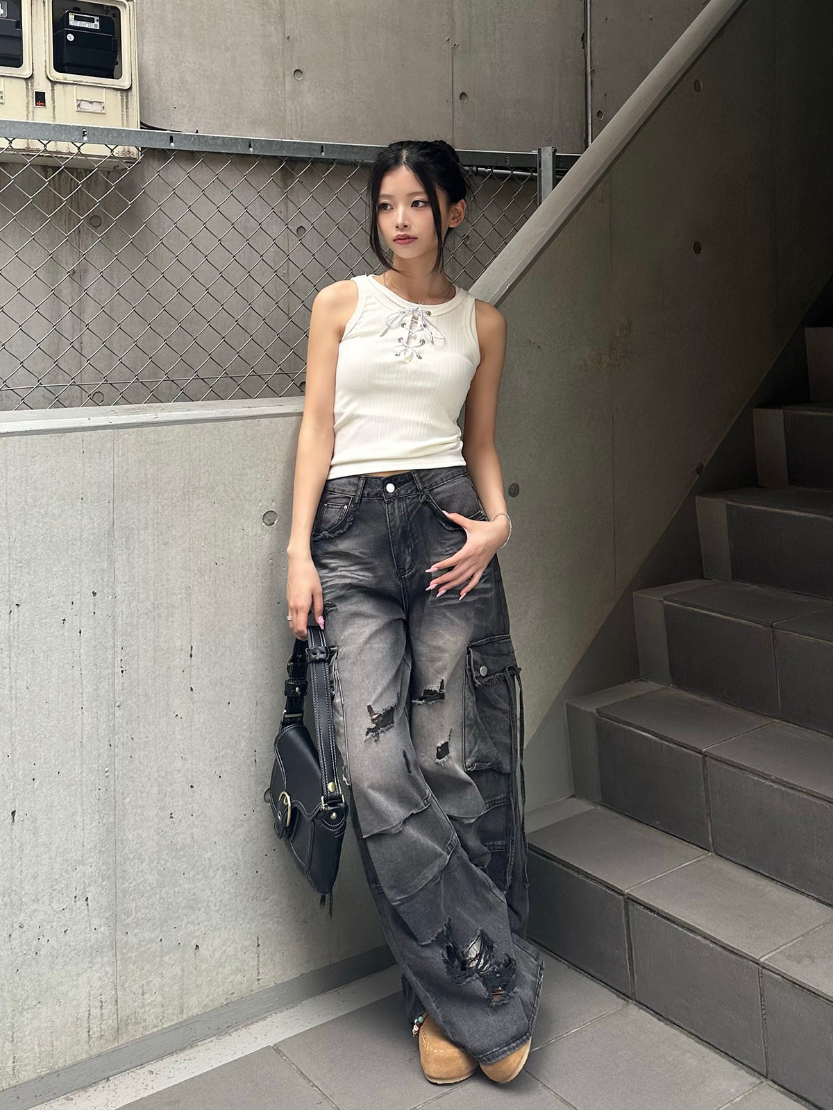 ダメージブラックレースセットデニムパンツ