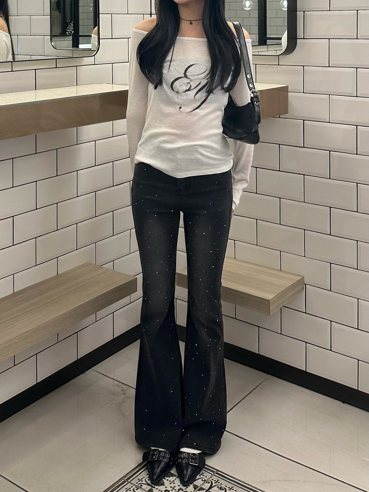 ランダムラインストーンフレアデニムパンツ
