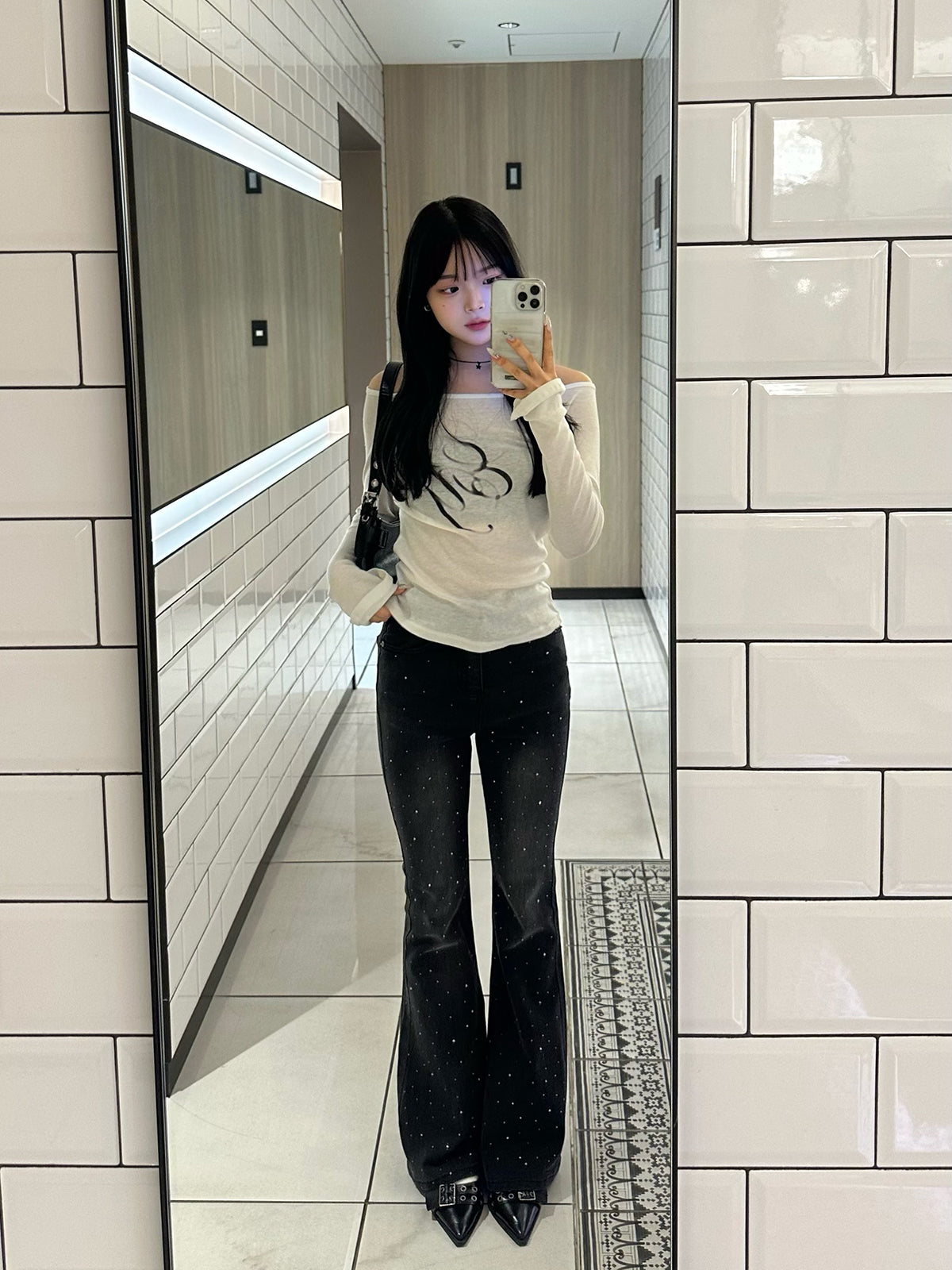 ランダムラインストーンフレアデニムパンツ