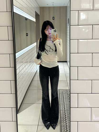 ランダムラインストーンフレアデニムパンツ