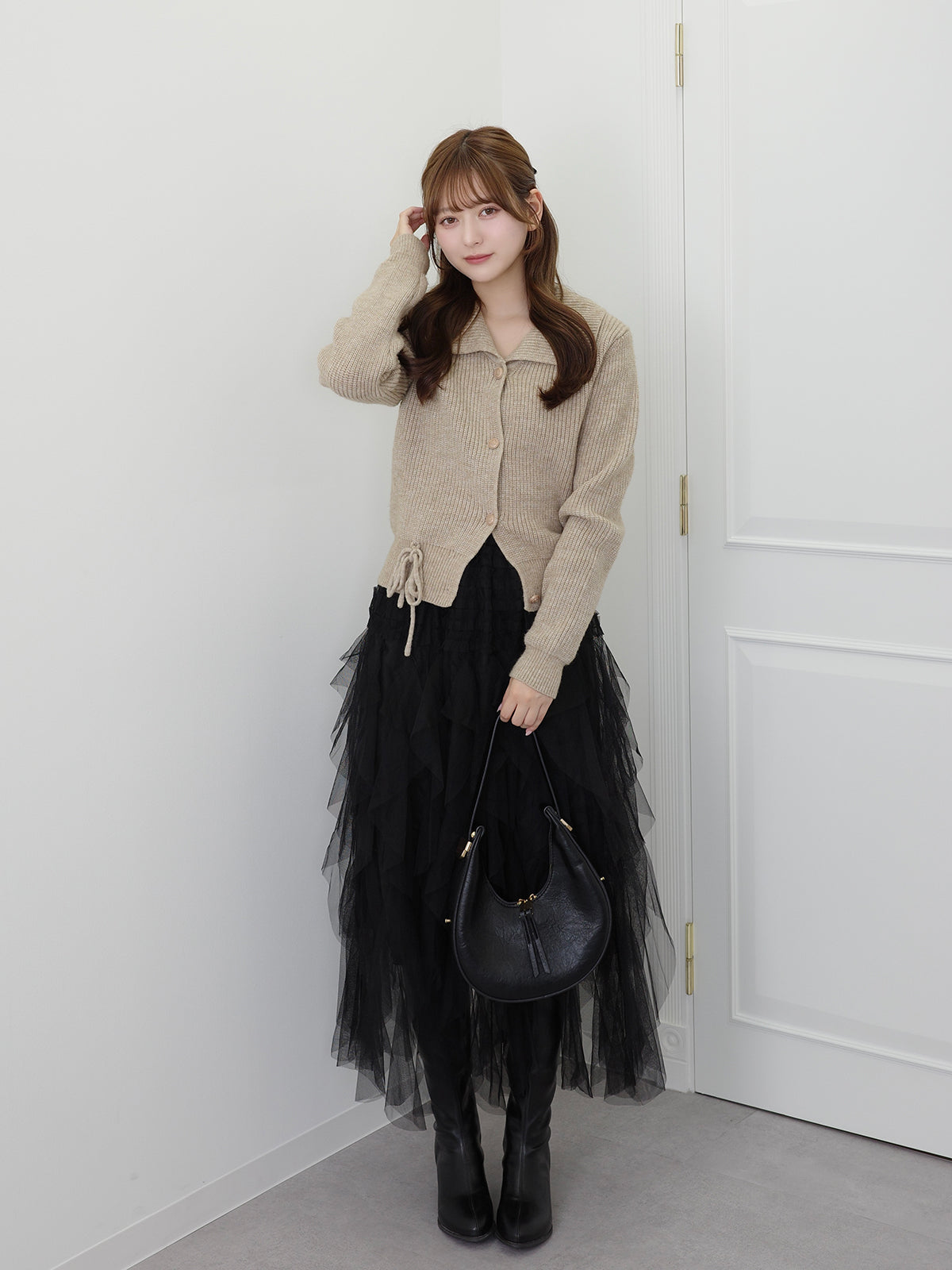 リブカラーリボンニットカーディガン