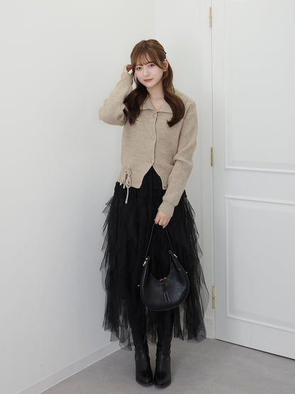 リブカラーリボンニットカーディガン