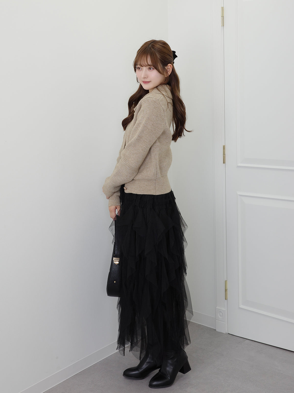 リブカラーリボンニットカーディガン