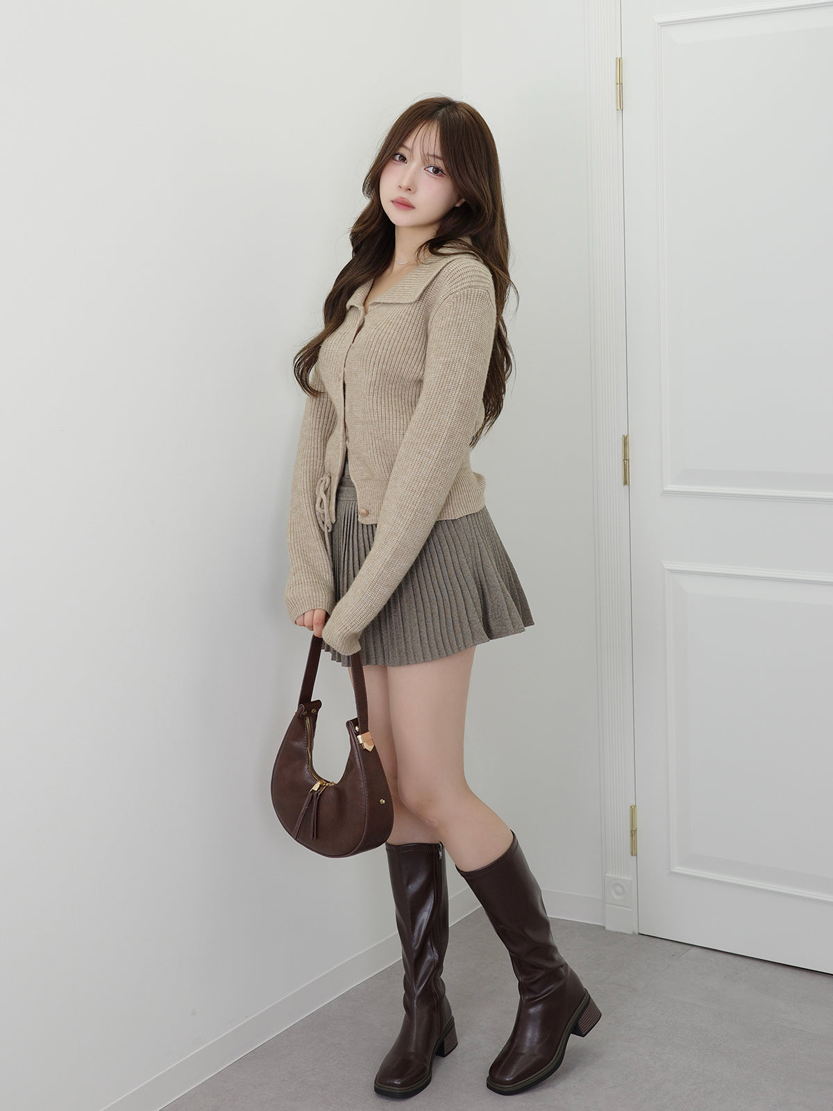 リブカラーリボンニットカーディガン