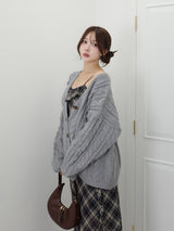 ケーブルニットルーズカーディガン - グレー