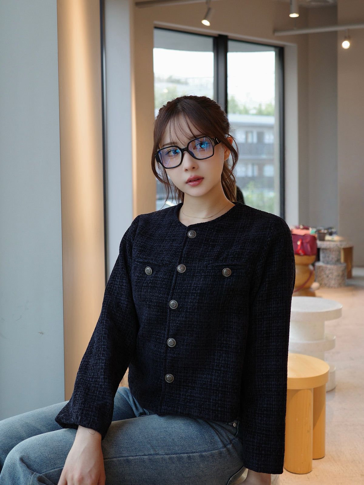 ノーカラーツイードジャケット