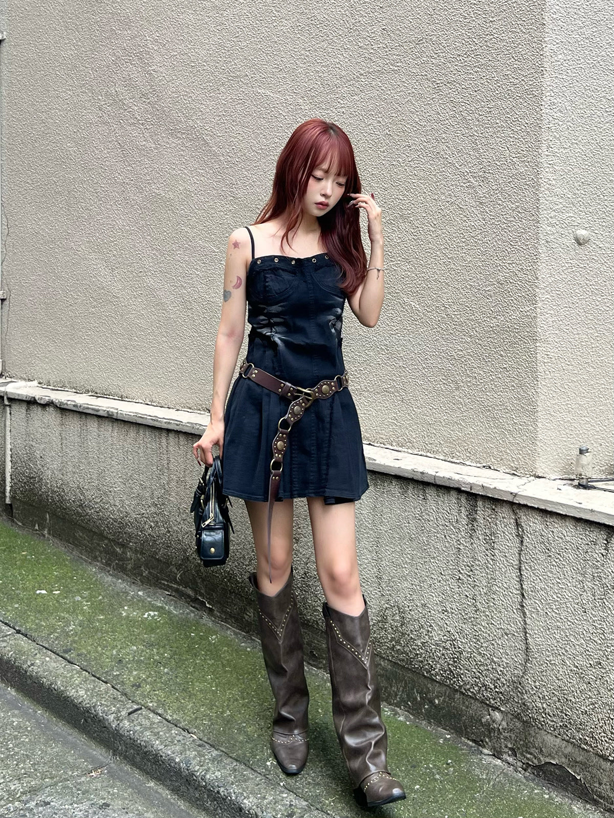 フリンジデニムミニワンピース