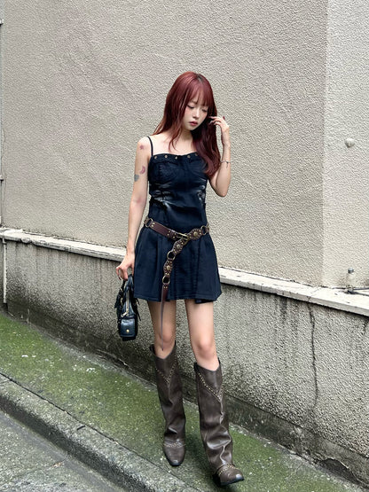 フリンジデニムミニワンピース