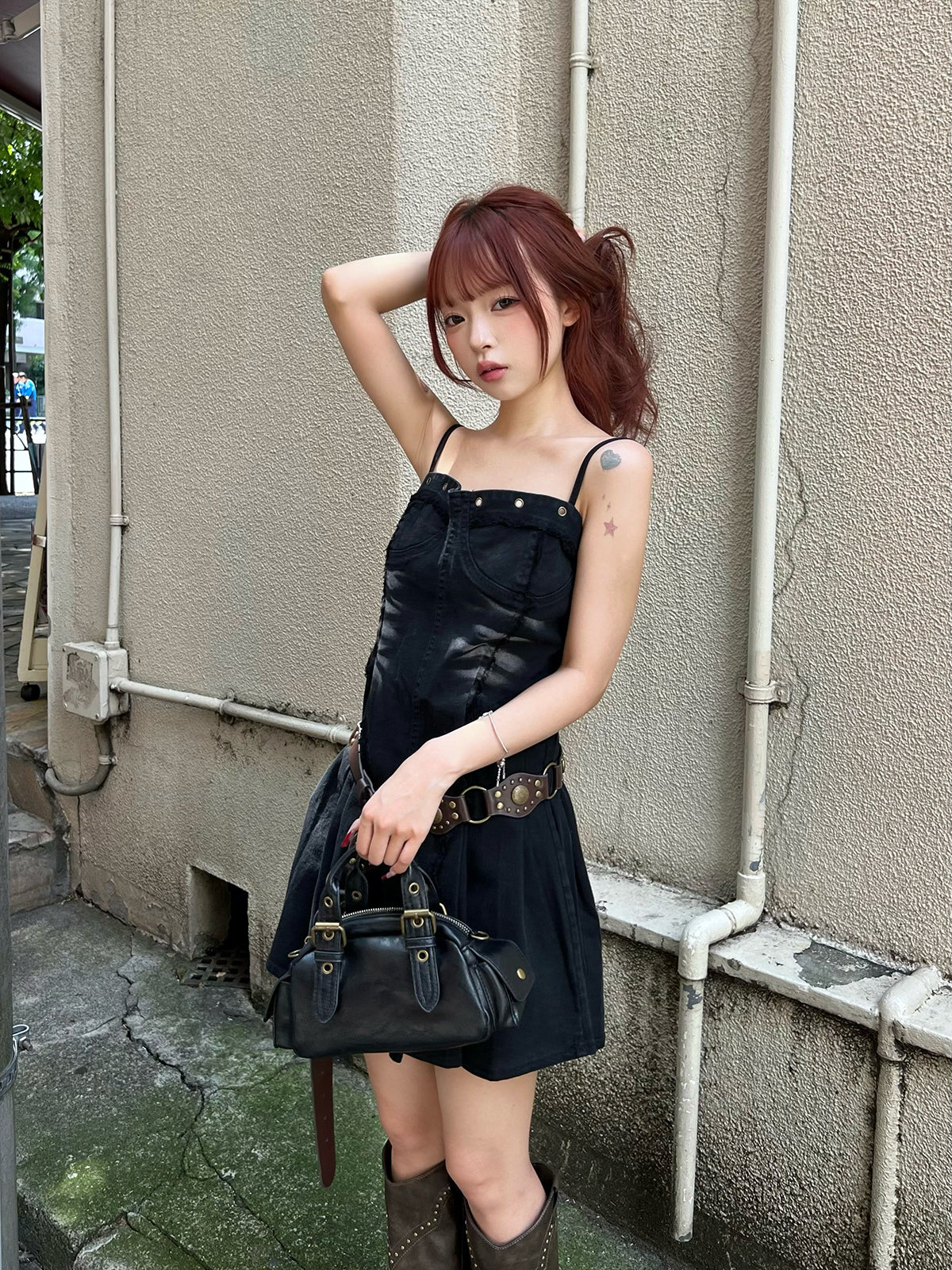 フリンジデニムミニワンピース