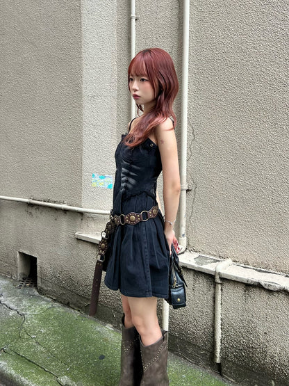 フリンジデニムミニワンピース