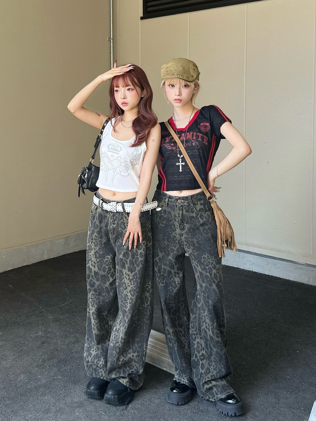 레오파드 와이드 데님 팬츠