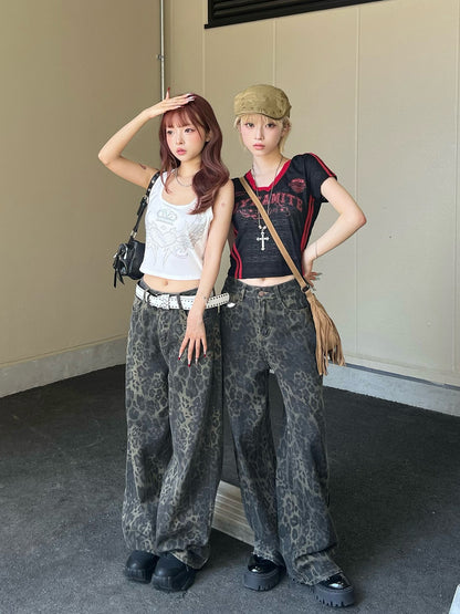 레오파드 와이드 데님 팬츠