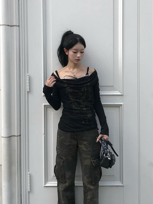 Chain Print Lace Docking Cut Sew