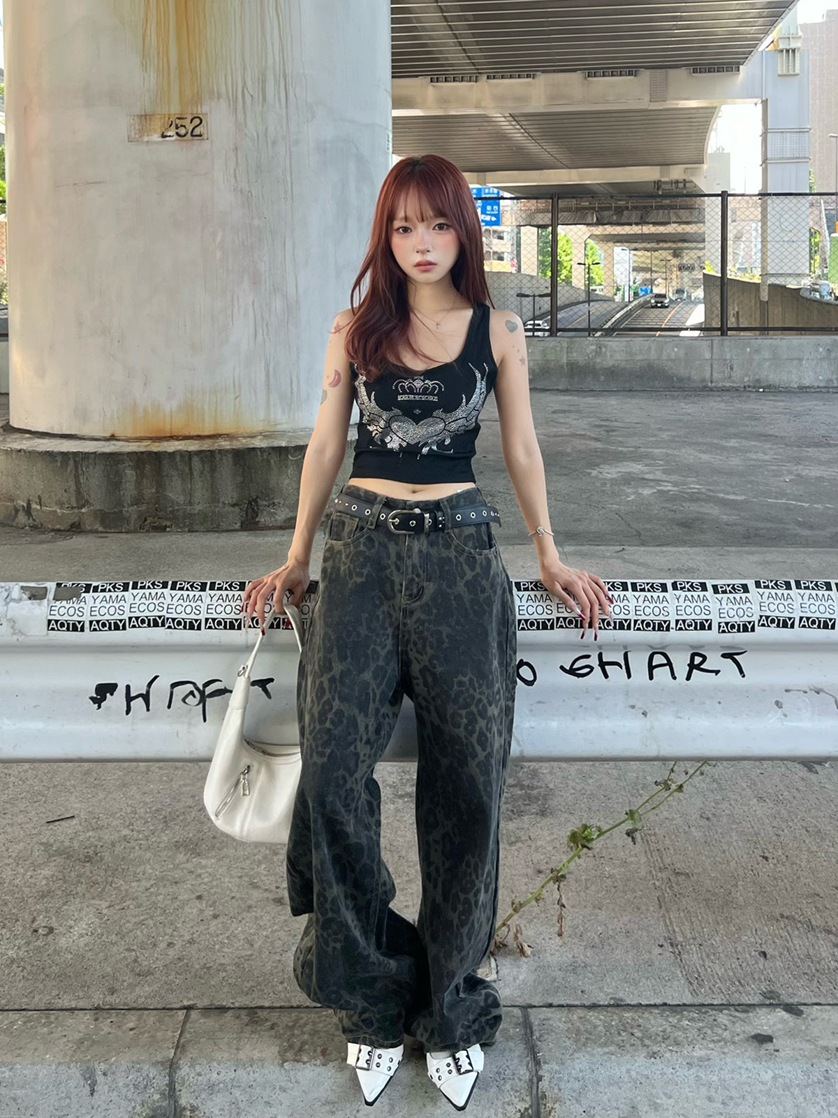 레오파드 와이드 데님 팬츠