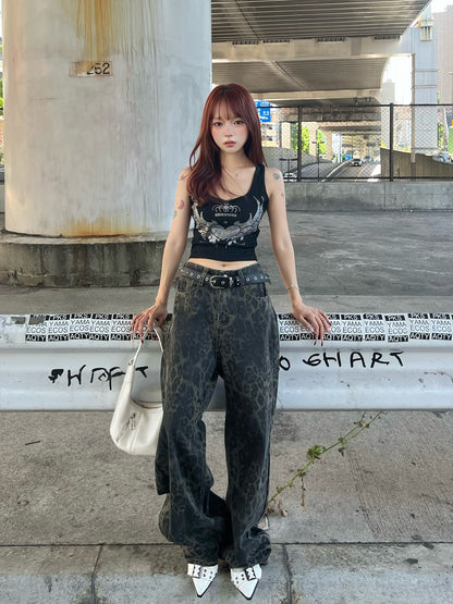 레오파드 와이드 데님 팬츠