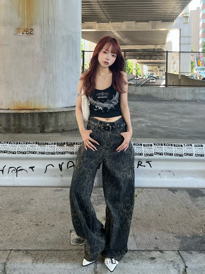 레오파드 와이드 데님 팬츠