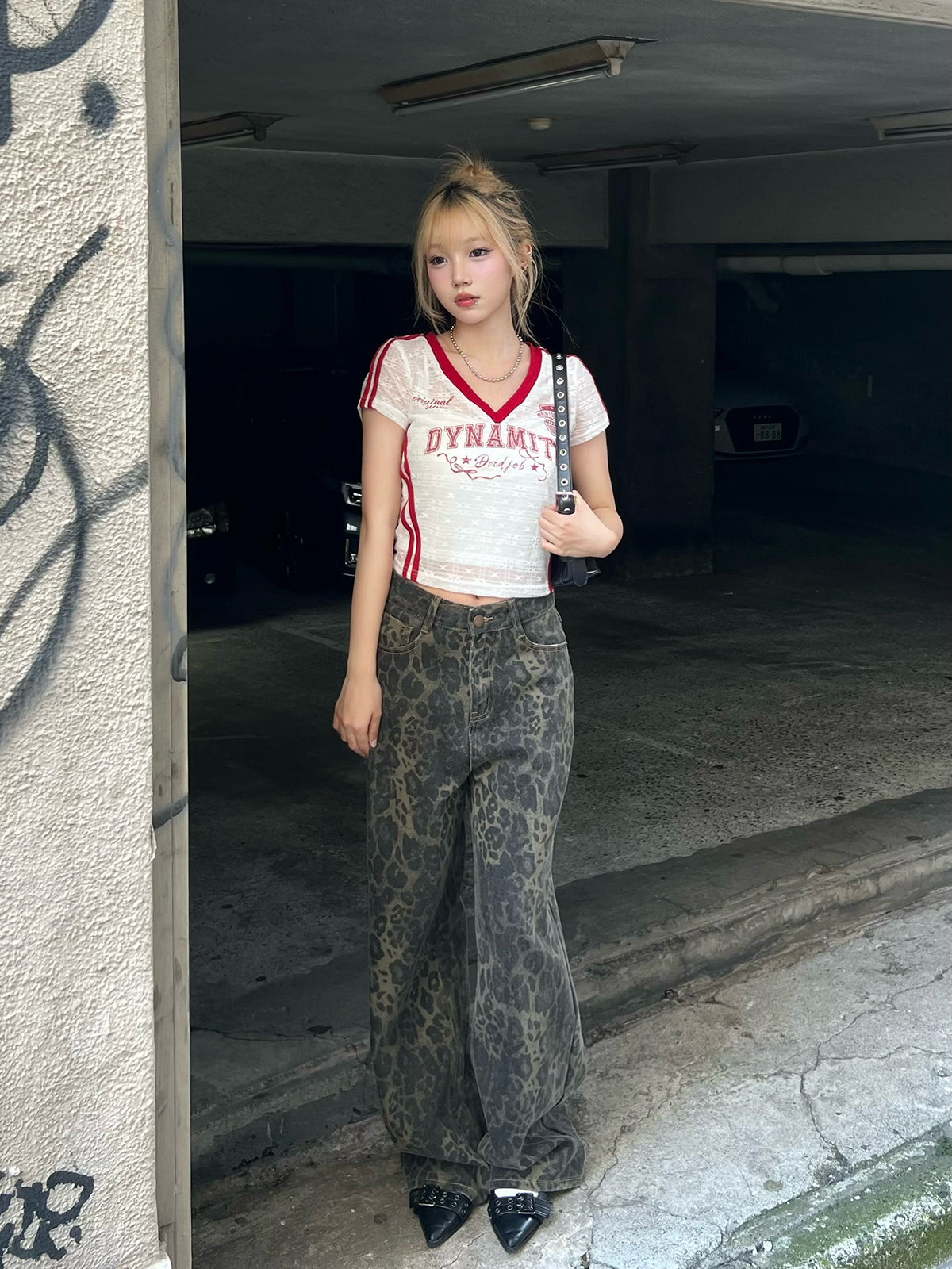 레오파드 와이드 데님 팬츠
