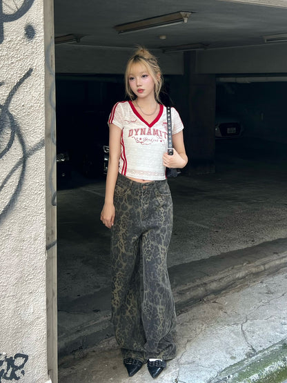 레오파드 와이드 데님 팬츠