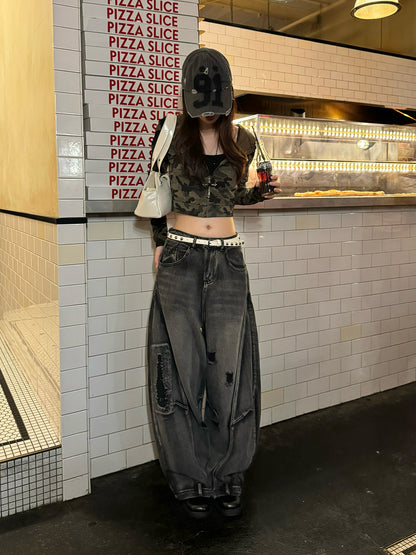 ダメージバレルレッグデニムパンツ