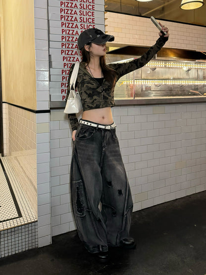 ダメージバレルレッグデニムパンツ