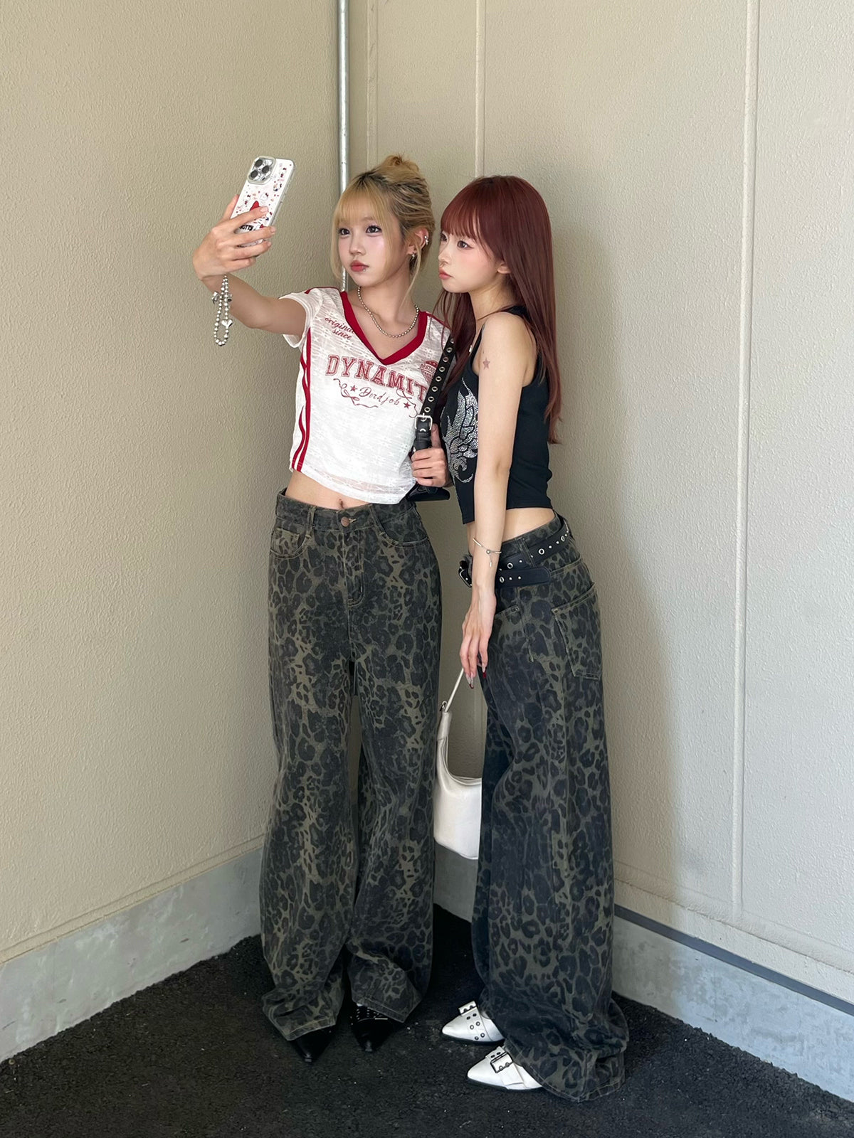 레오파드 와이드 데님 팬츠