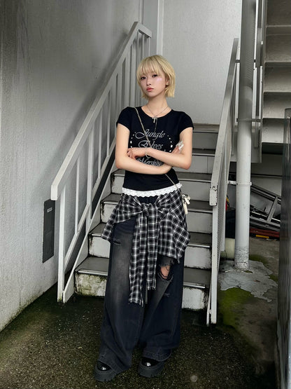 モノトーンフリルヘムTシャツ