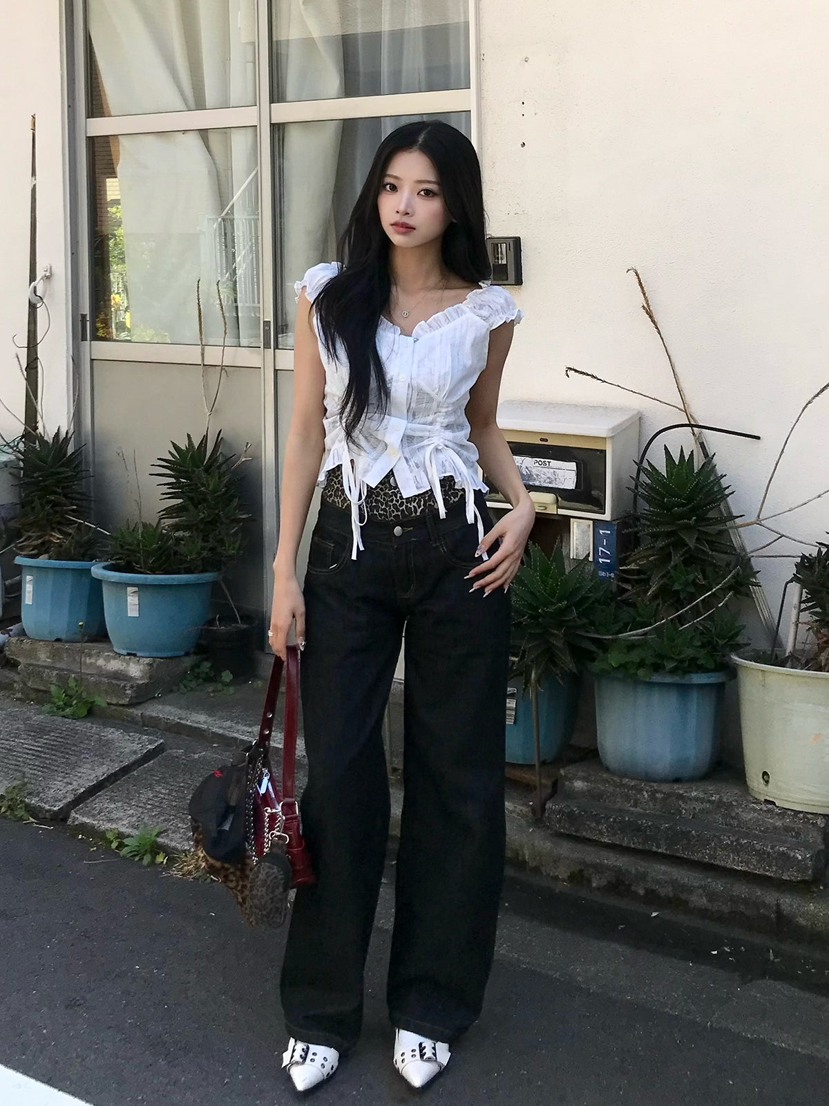 ダブルウエストレオパードデニムパンツ