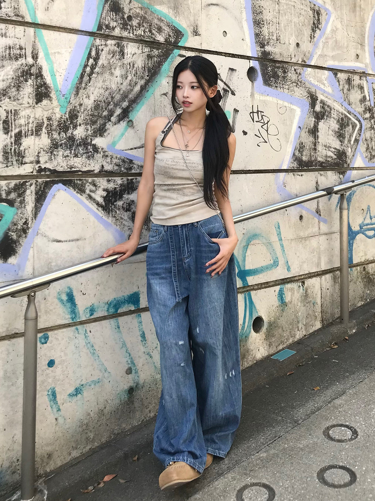 ウエストカットベルトデニムパンツ