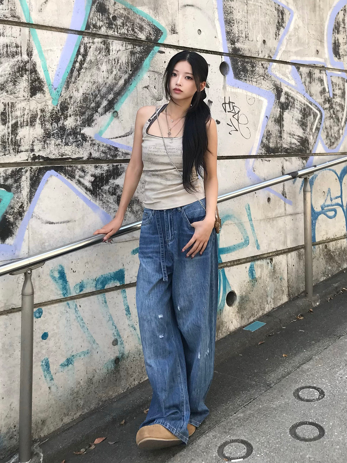 ウエストカットベルトデニムパンツ