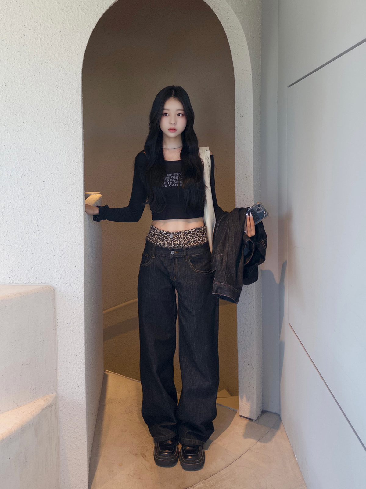 ダブルウエストレオパードデニムパンツ