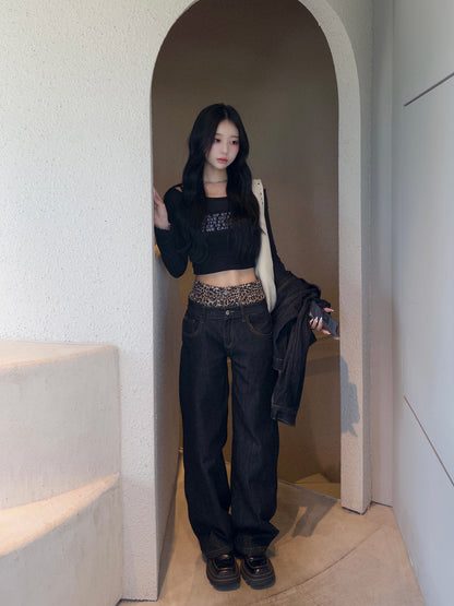 ダブルウエストレオパードデニムパンツ