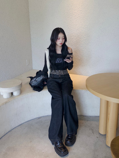 ダブルウエストレオパードデニムパンツ