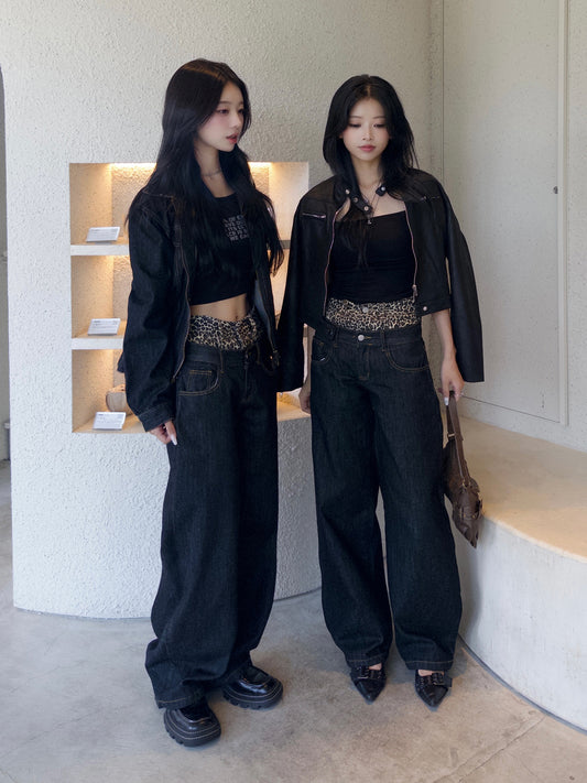 ダブルウエストレオパードデニムパンツ