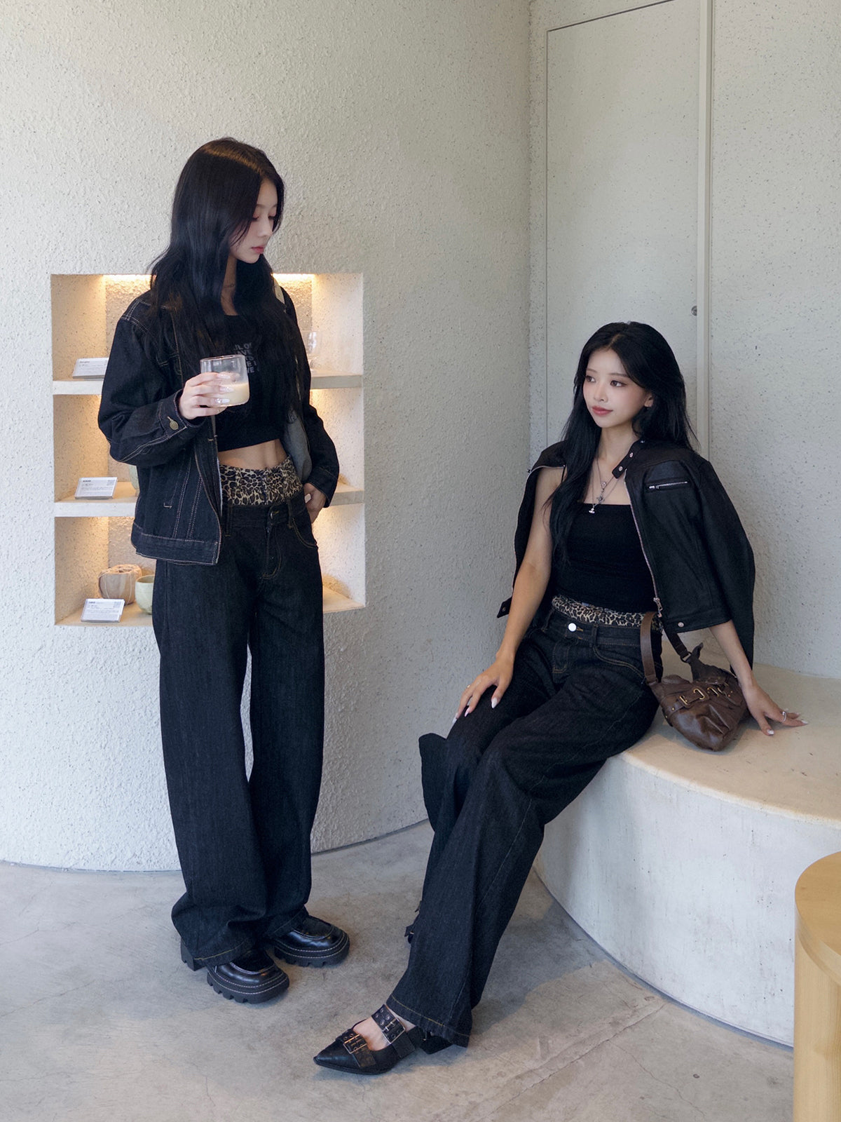 ダブルウエストレオパードデニムパンツ