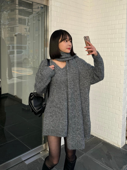 Scarf set V-neck loose knit