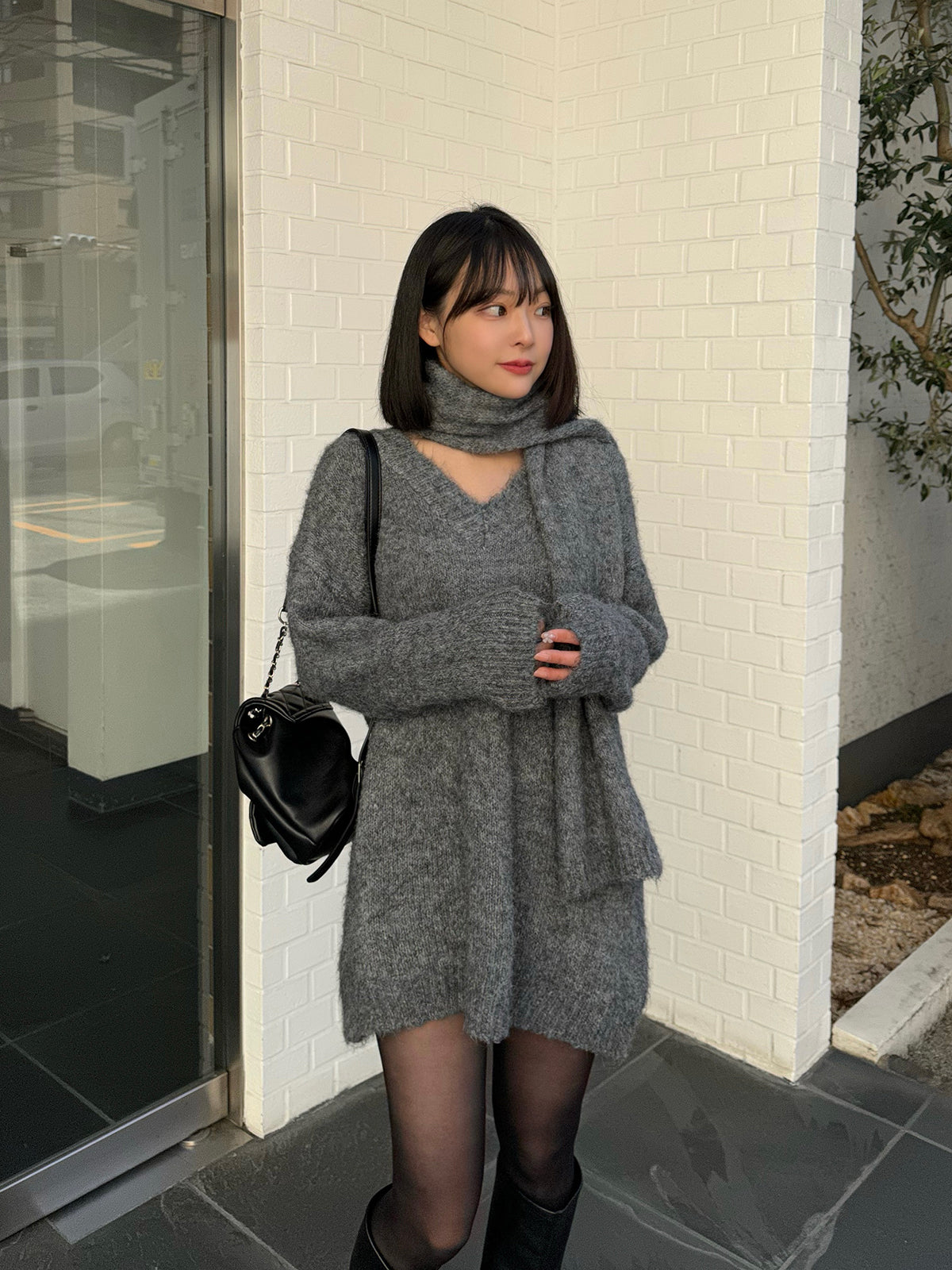 Scarf set V-neck loose knit
