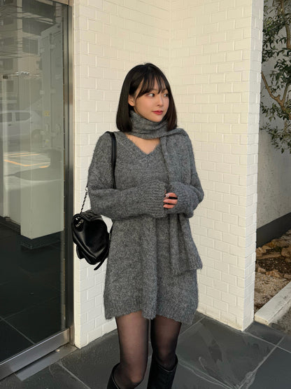 Scarf set V-neck loose knit