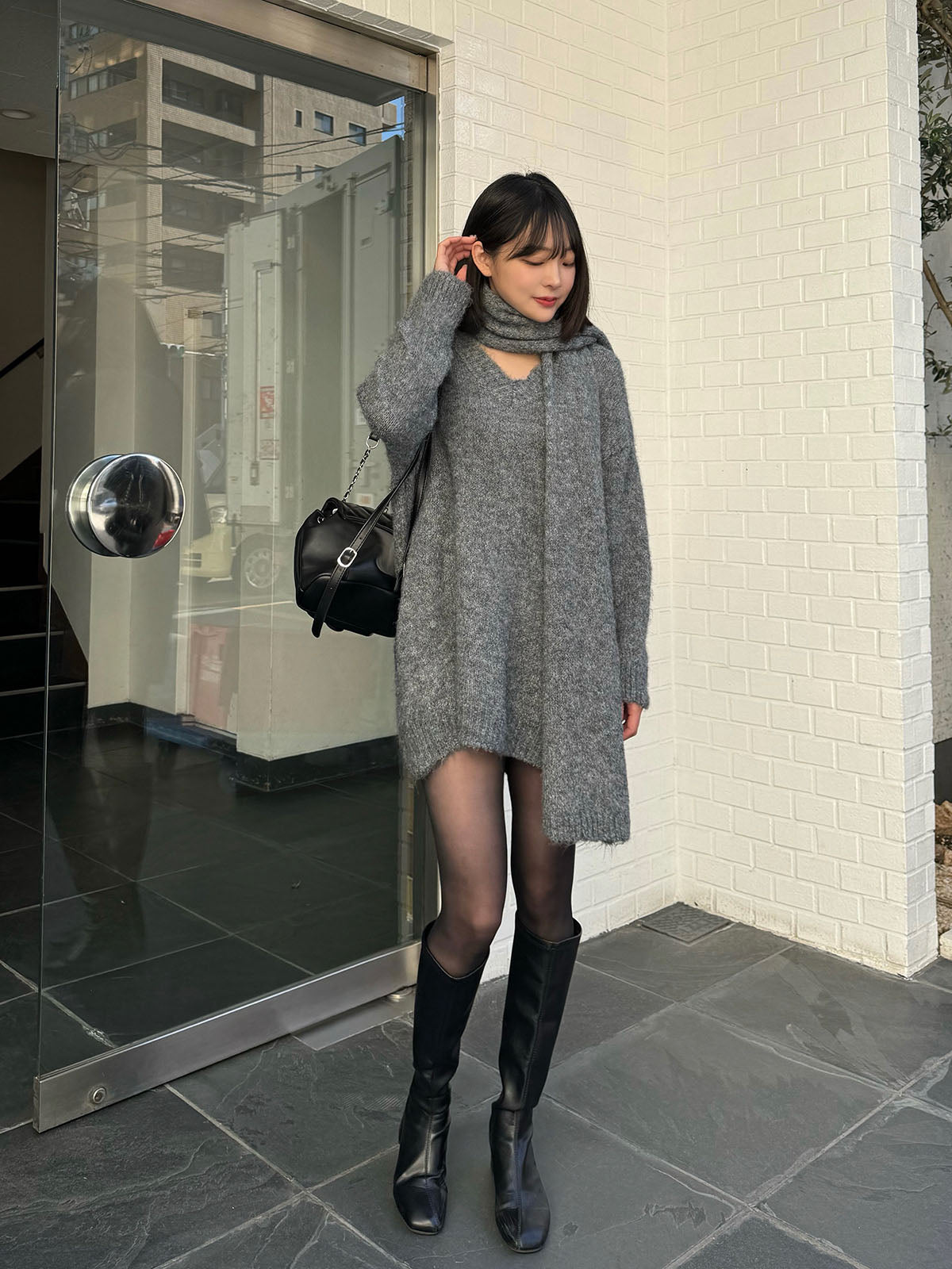 Scarf set V-neck loose knit