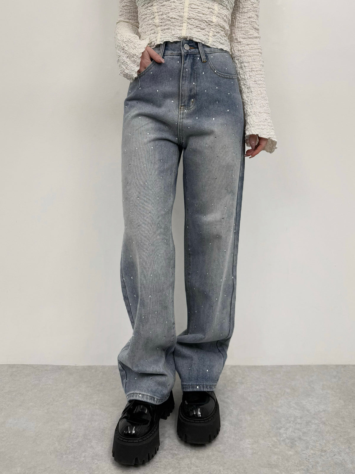 ラインストーンストレートデニムパンツ
