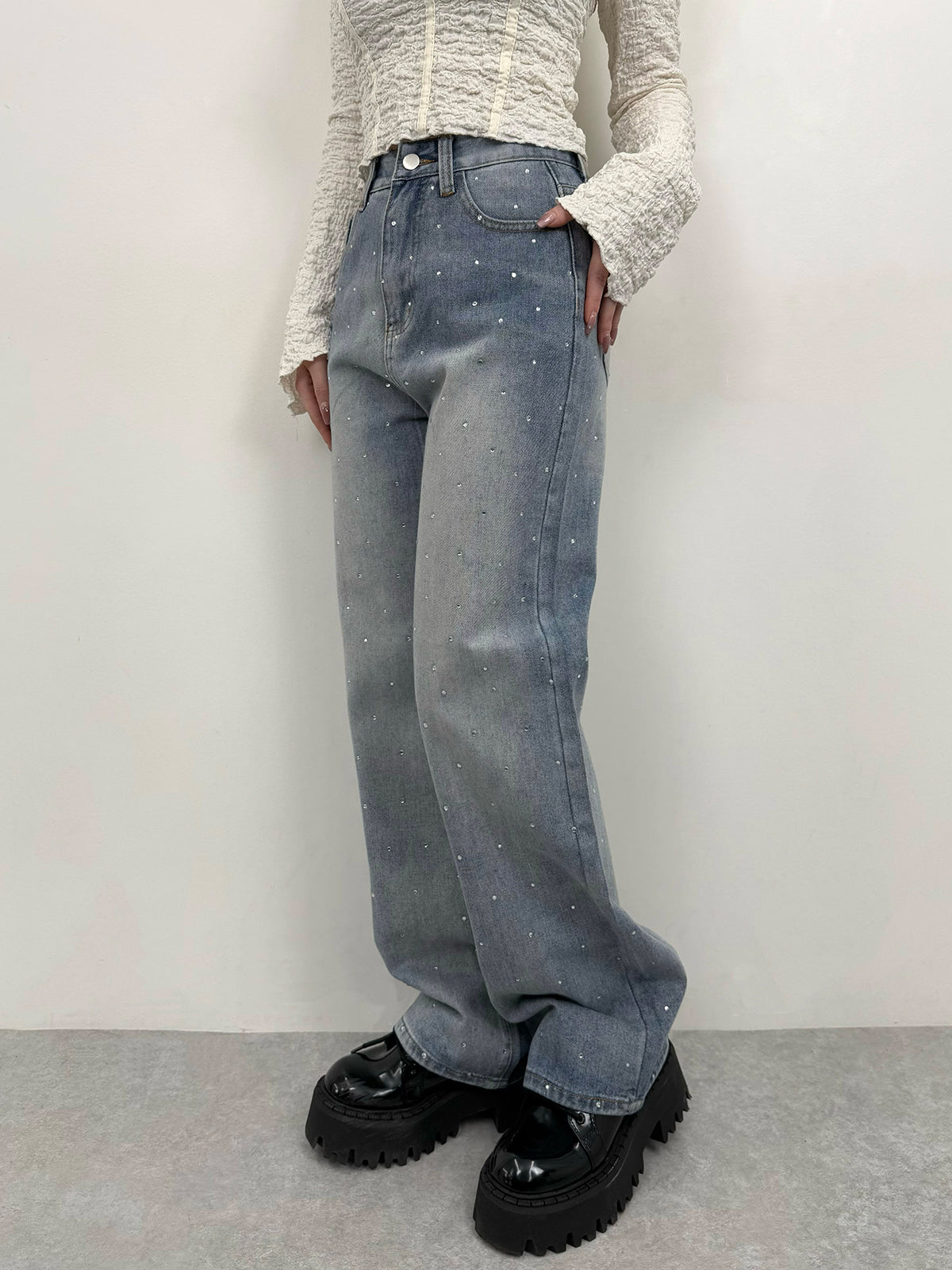 ラインストーンストレートデニムパンツ