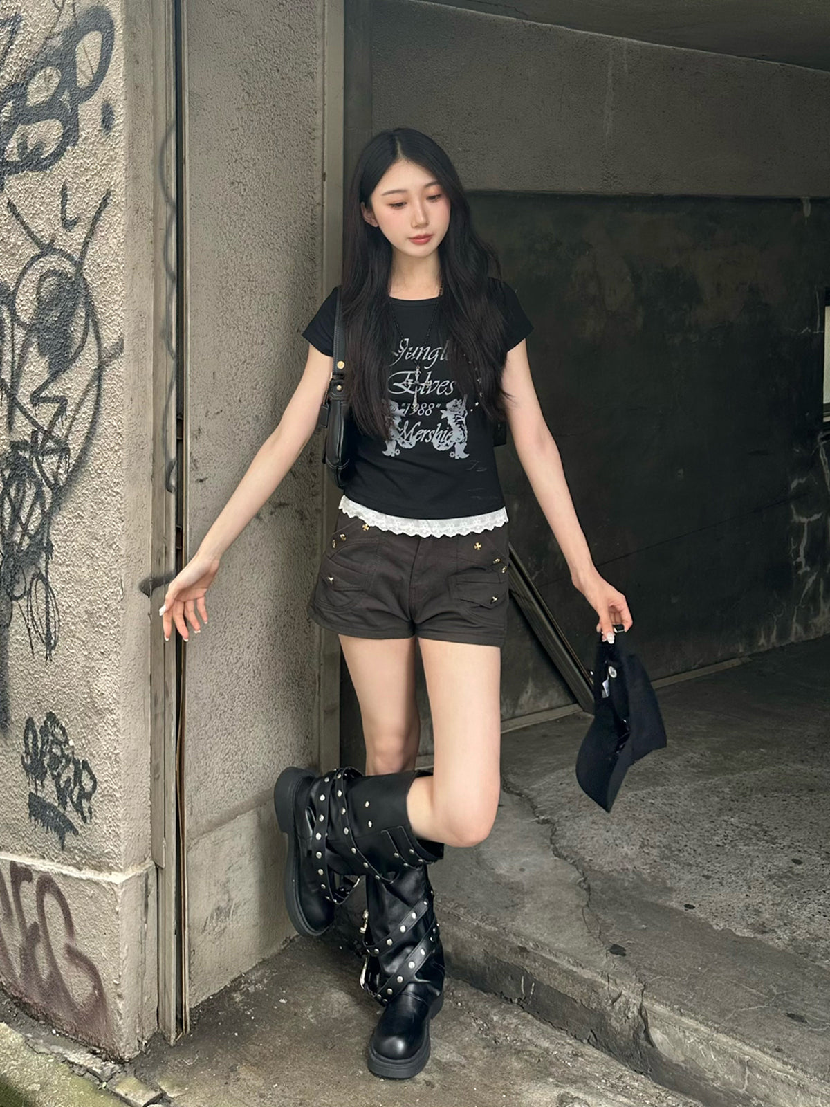 スタッズカーキデニムショートパンツ